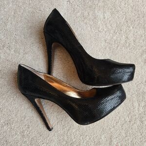 BCBGeneration Black Snakeskin Heels